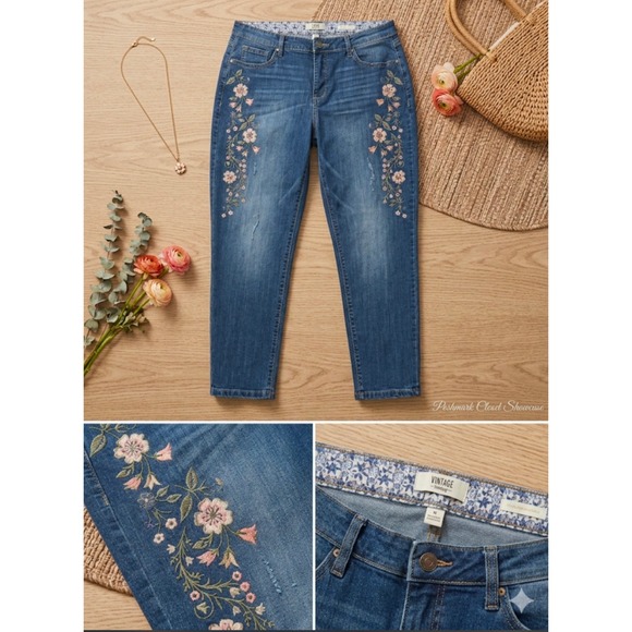 Vintage America Blues Denim - Vintage America Blues Floral Embroidered Boyfriend Jeans Medium Wash Blue Sz 12